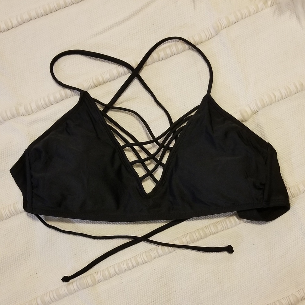 Black strappy lace up bikini top